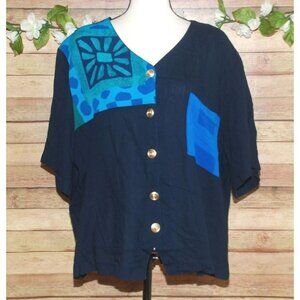 Vintage Sharon Anthony Women's Blue Button Up Blouse Size 22W Short Sleeve V-Nec